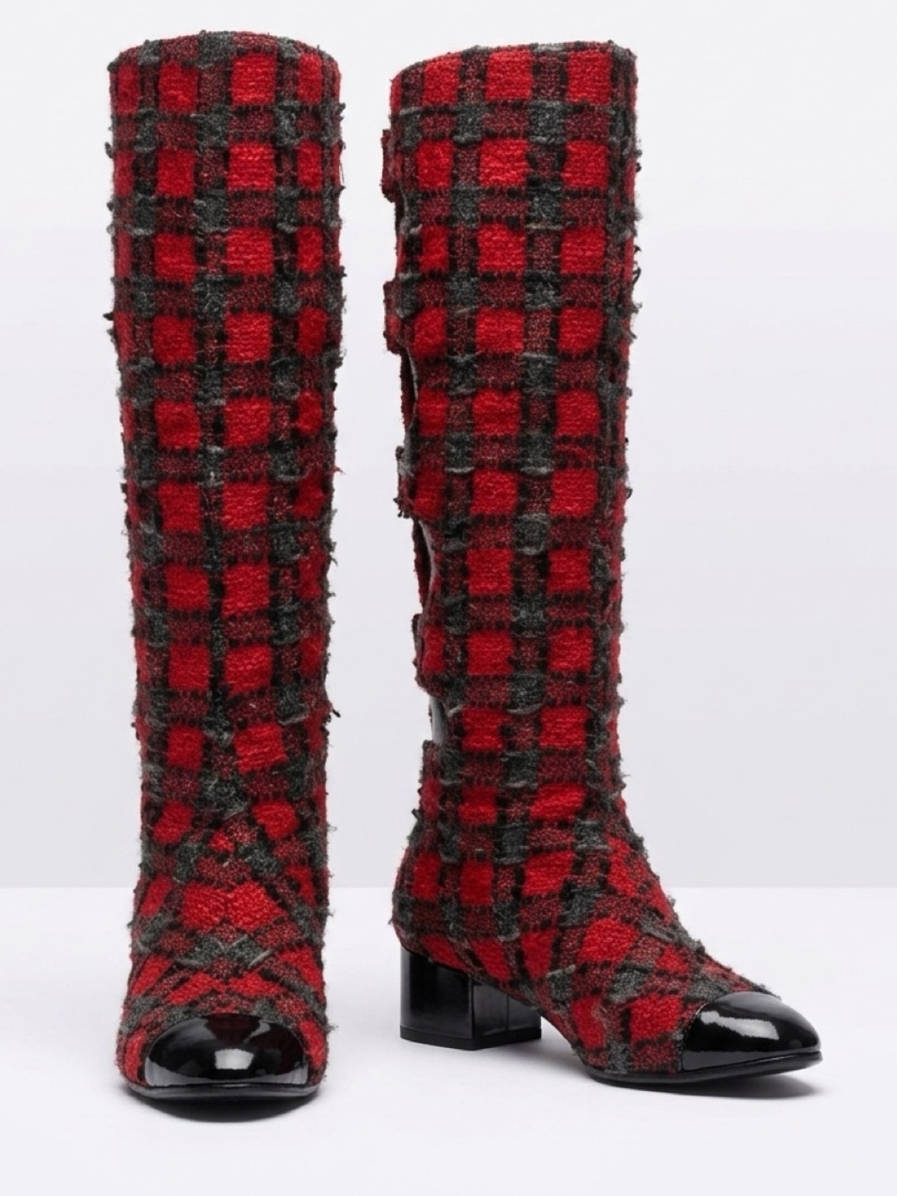 CHANEL Fall07 Karl L. Tweed Cap Toe Buckle Boots, Red/Grey/Blk Plaid, CCs,37,EUC